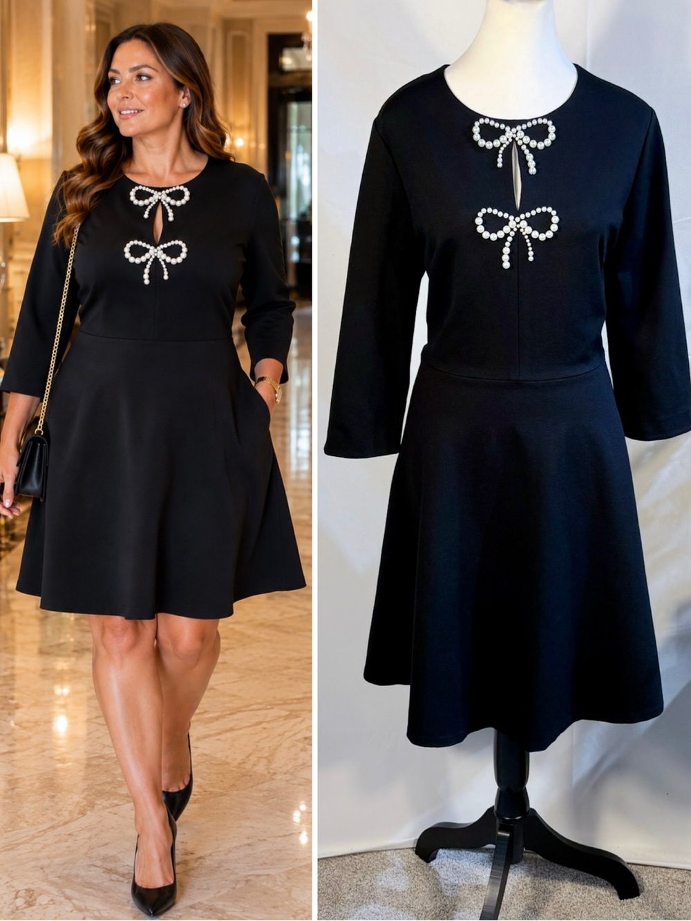 💥Kate Spade New York Pearl Bow Ponte Dress Black Pearl Embellished Sz XL🧡